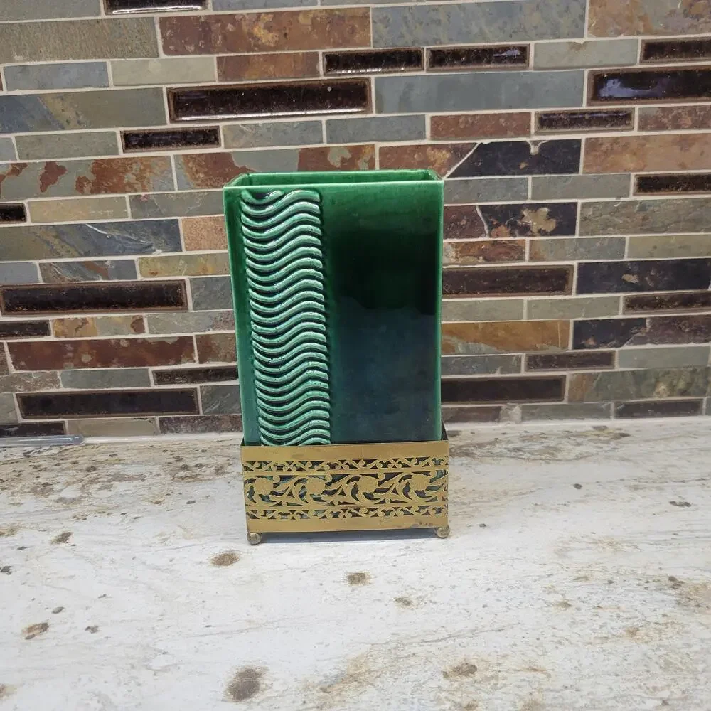 Vintage Mid Century Green Ceramic Vase Gold Metal Pierced Stand Art Deco MCM